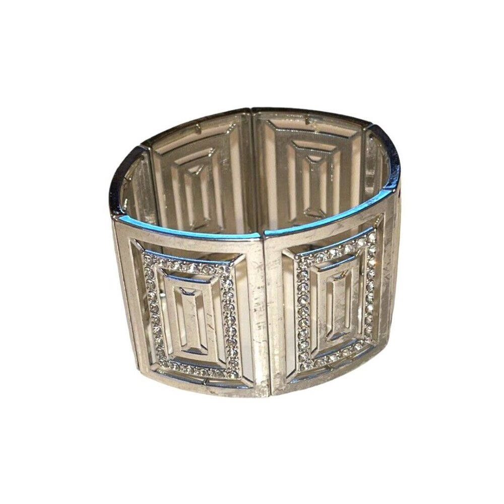 Silver Cube Block Clear Rhinestone MCM Retro Prom Bridal Stretch Bracelet
